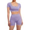 imageSUUKSESS Open Back Short Sleeve Scrunch Butt Booty Shorts Seamless Ribbed Workout Sets 2 Piece Outfits1 Purple
