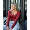 imageSUUKSESS Sweetheart V Neck Long Sleeve Bodysuit Ribbed Compression Bodysuits31 Wine Red