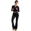 imageSUUKSESS Women 2 Piece Knit Sets Cropped Zip Up Hoodie Foldover Flare Leg PantsBlack