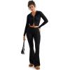 imageSUUKSESS Women 2 Piece Knit Sets Cropped Zip Up Hoodie Foldover Flare Leg PantsBlack