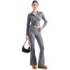 imageSUUKSESS Women 2 Piece Knit Sets Cropped Zip Up Hoodie Foldover Flare Leg PantsHemp Gray