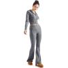 imageSUUKSESS Women 2 Piece Knit Sets Cropped Zip Up Hoodie Foldover Flare Leg PantsHemp Gray