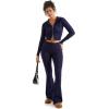 imageSUUKSESS Women 2 Piece Knit Sets Cropped Zip Up Hoodie Foldover Flare Leg PantsNavy Blue