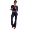 imageSUUKSESS Women 2 Piece Knit Sets Cropped Zip Up Hoodie Foldover Flare Leg PantsNavy Blue