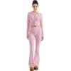 imageSUUKSESS Women 2 Piece Knit Sets Cropped Zip Up Hoodie Foldover Flare Leg PantsPink