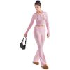 imageSUUKSESS Women 2 Piece Knit Sets Cropped Zip Up Hoodie Foldover Flare Leg PantsPink