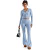 imageSUUKSESS Women 2 Piece Knit Sets Cropped Zip Up Hoodie Foldover Flare Leg PantsSky Blue
