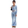 imageSUUKSESS Women 2 Piece Knit Sets Cropped Zip Up Hoodie Foldover Flare Leg PantsSky Blue
