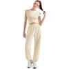 imageSUUKSESS Women 2 Piece Matching Lounge Workout Sets Outfits Sleeveless Cropped Tops Summer High Waisted Wide Leg PantsBeige