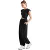 imageSUUKSESS Women 2 Piece Matching Lounge Workout Sets Outfits Sleeveless Cropped Tops Summer High Waisted Wide Leg PantsBlack