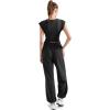 imageSUUKSESS Women 2 Piece Matching Lounge Workout Sets Outfits Sleeveless Cropped Tops Summer High Waisted Wide Leg PantsBlack