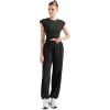 imageSUUKSESS Women 2 Piece Matching Lounge Workout Sets Outfits Sleeveless Cropped Tops Summer High Waisted Wide Leg PantsBlack