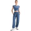 imageSUUKSESS Women 2 Piece Matching Lounge Workout Sets Outfits Sleeveless Cropped Tops Summer High Waisted Wide Leg PantsBlue
