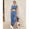 imageSUUKSESS Women 2 Piece Matching Lounge Workout Sets Outfits Sleeveless Cropped Tops Summer High Waisted Wide Leg PantsBlue