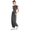 imageSUUKSESS Women 2 Piece Matching Lounge Workout Sets Outfits Sleeveless Cropped Tops Summer High Waisted Wide Leg PantsGray