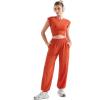 imageSUUKSESS Women 2 Piece Matching Lounge Workout Sets Outfits Sleeveless Cropped Tops Summer High Waisted Wide Leg PantsOrange