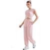 imageSUUKSESS Women 2 Piece Matching Lounge Workout Sets Outfits Sleeveless Cropped Tops Summer High Waisted Wide Leg PantsPink