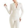 imageSUUKSESS Women 2 Piece Seamless Ribbed Workout Sets With Zip Up Jacket High Waisted Gym Yoga LeggingsBeige