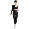 imageSUUKSESS Women 2 Piece Seamless Ribbed Workout Sets With Zip Up Jacket High Waisted Gym Yoga LeggingsBlack