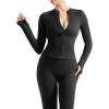 imageSUUKSESS Women 2 Piece Seamless Ribbed Workout Sets With Zip Up Jacket High Waisted Gym Yoga LeggingsBlack