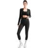 imageSUUKSESS Women 2 Piece Seamless Ribbed Workout Sets With Zip Up Jacket High Waisted Gym Yoga LeggingsBlack