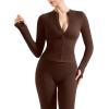 imageSUUKSESS Women 2 Piece Seamless Ribbed Workout Sets With Zip Up Jacket High Waisted Gym Yoga LeggingsDark Brown