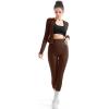 imageSUUKSESS Women 2 Piece Seamless Ribbed Workout Sets With Zip Up Jacket High Waisted Gym Yoga LeggingsDark Brown