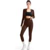 imageSUUKSESS Women 2 Piece Seamless Ribbed Workout Sets With Zip Up Jacket High Waisted Gym Yoga LeggingsDark Brown