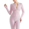 imageSUUKSESS Women 2 Piece Seamless Ribbed Workout Sets With Zip Up Jacket High Waisted Gym Yoga LeggingsLight Pink