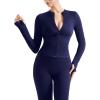 imageSUUKSESS Women 2 Piece Seamless Ribbed Workout Sets With Zip Up Jacket High Waisted Gym Yoga LeggingsNavy Blue
