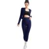 imageSUUKSESS Women 2 Piece Seamless Ribbed Workout Sets With Zip Up Jacket High Waisted Gym Yoga LeggingsNavy Blue