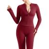 imageSUUKSESS Women 2 Piece Seamless Ribbed Workout Sets With Zip Up Jacket High Waisted Gym Yoga LeggingsWine Red