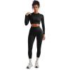 imageSUUKSESS Women 2 Piece Workout Sets Hidden Scrunch Butt Lifting Seamless Leggings Long Sleeve Yoga Crop TopsBlack