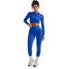 imageSUUKSESS Women 2 Piece Workout Sets Hidden Scrunch Butt Lifting Seamless Leggings Long Sleeve Yoga Crop TopsBlue