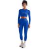 imageSUUKSESS Women 2 Piece Workout Sets Hidden Scrunch Butt Lifting Seamless Leggings Long Sleeve Yoga Crop TopsBlue