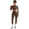 imageSUUKSESS Women 2 Piece Workout Sets Hidden Scrunch Butt Lifting Seamless Leggings Long Sleeve Yoga Crop TopsBrown