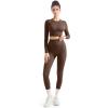 imageSUUKSESS Women 2 Piece Workout Sets Hidden Scrunch Butt Lifting Seamless Leggings Long Sleeve Yoga Crop TopsBrown