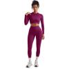 imageSUUKSESS Women 2 Piece Workout Sets Hidden Scrunch Butt Lifting Seamless Leggings Long Sleeve Yoga Crop TopsPurple