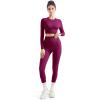 imageSUUKSESS Women 2 Piece Workout Sets Hidden Scrunch Butt Lifting Seamless Leggings Long Sleeve Yoga Crop TopsPurple