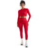 imageSUUKSESS Women 2 Piece Workout Sets Hidden Scrunch Butt Lifting Seamless Leggings Long Sleeve Yoga Crop TopsRed