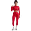 imageSUUKSESS Women 2 Piece Workout Sets Hidden Scrunch Butt Lifting Seamless Leggings Long Sleeve Yoga Crop TopsRed