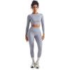 imageSUUKSESS Women 2 Piece Workout Sets Hidden Scrunch Butt Lifting Seamless Leggings Long Sleeve Yoga Crop TopsWashed Blue