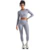 imageSUUKSESS Women 2 Piece Workout Sets Hidden Scrunch Butt Lifting Seamless Leggings Long Sleeve Yoga Crop TopsWashed Blue