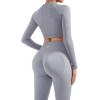 imageSUUKSESS Women 2 Piece Workout Sets Hidden Scrunch Butt Lifting Seamless Leggings Long Sleeve Yoga Crop TopsWashed Blue