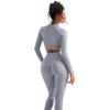 imageSUUKSESS Women 2 Piece Workout Sets Hidden Scrunch Butt Lifting Seamless Leggings Long Sleeve Yoga Crop TopsWashed Blue
