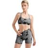 imageSUUKSESS Women 3 piece Workout Sets Padded Strappy Sports Bra Booty Shorts Set1 Black Grey