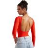 imageSUUKSESS Women Backless Y2k Long Sleeve Bodysuit Double Lined Open Back Sexy Basic TopDream Red