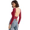 imageSUUKSESS Women Backless Y2k Long Sleeve Bodysuit Double Lined Open Back Sexy Basic TopWine Red