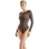 imageSUUKSESS Women Crew Neck Long Sleeve Bodysuit Sexy Thong Bodysuit Shirts01 Brown
