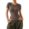 imageSUUKSESS Women Crew Neck Short Sleeve Thong Bodysuit Shirts Basic Top01 Brown